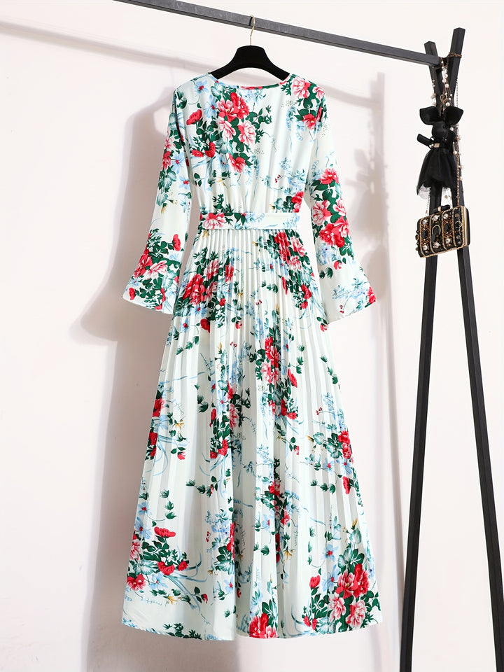 Floral Print Maxi Dress - Elegant Pleated Design for Women