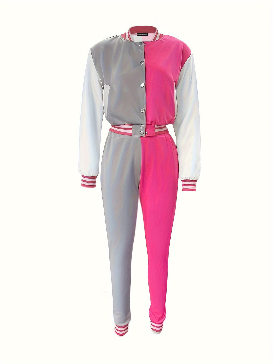Plus Size Casual Outfits Set, Women's Plus Colorblock Button Up Long Sleeve Mock Neck Crop Coat & Jogger Pants Outfits Two Piece Set