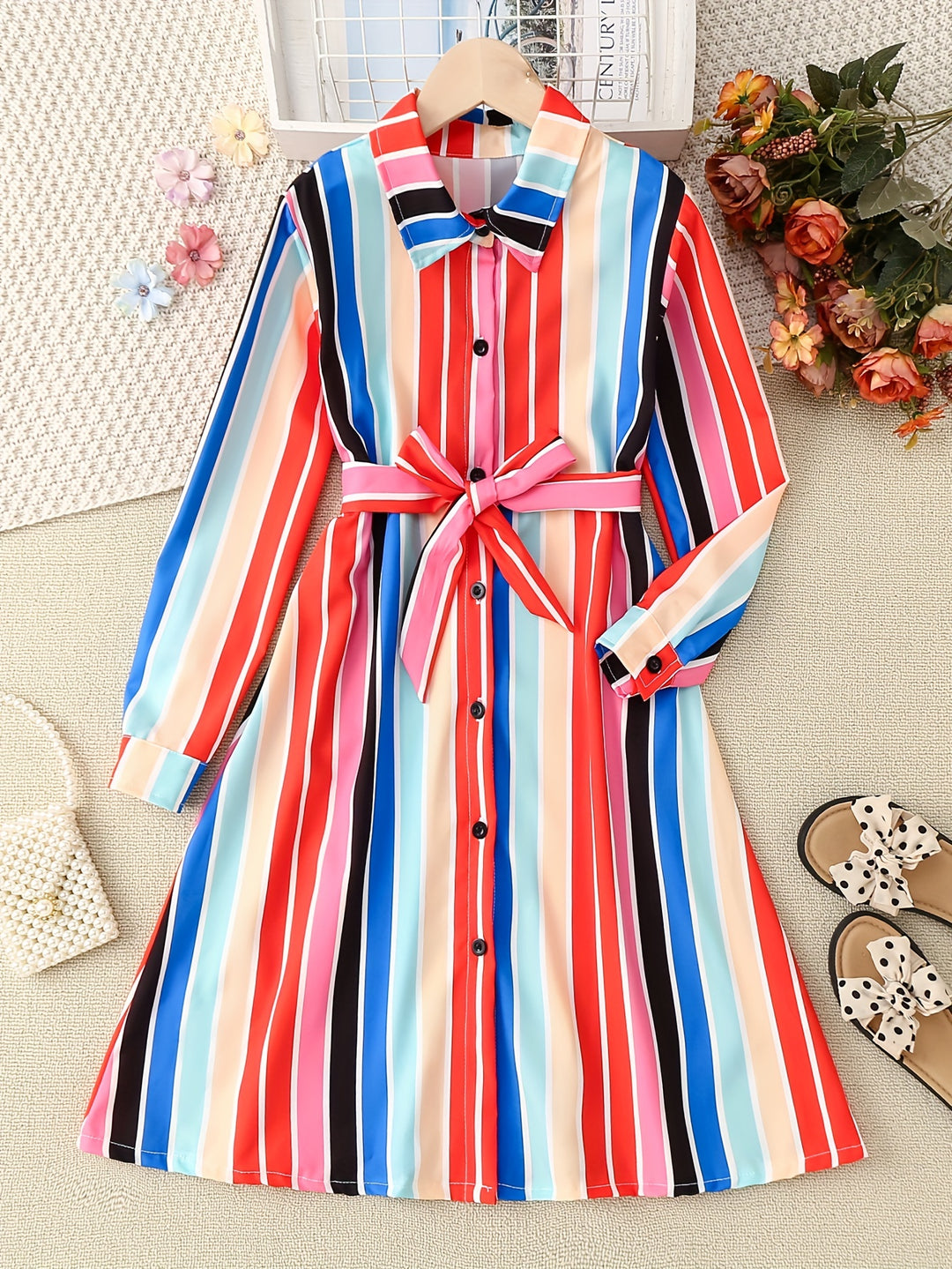 Trendy Girls' Stripe Long Sleeve Collared Shirt Dress With Belt, Casual Dresses For Teen Girls