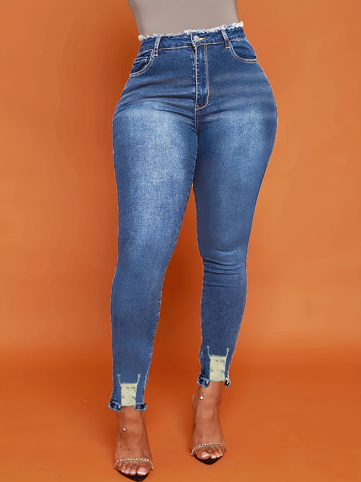 Blue Ripped Holes Skinny Jeans, Slim Fit Slash Pockets High-Stretch Casual Denim Pants, Women's Denim Jeans & Clothing