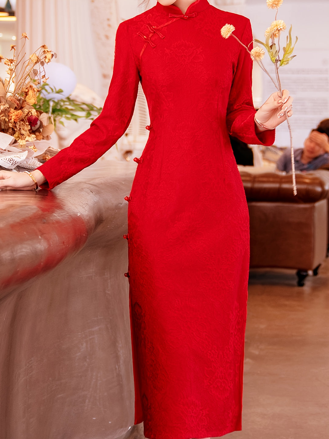 Solid Split Cheongsam Dress, Vintage Long Sleeve Bodycon Qipao Dress, Women's Clothing