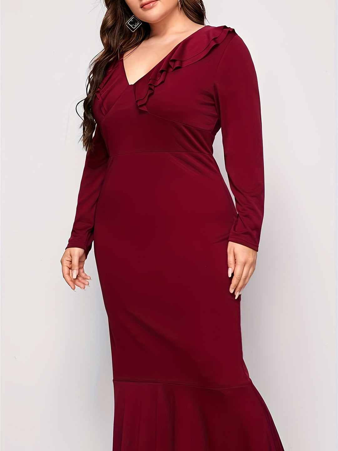 Elegant Plus Size Dress for Women, Long Sleeve V Neck Ruffle Trim Dress with Medium Stretch Fabric