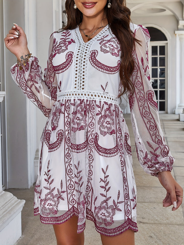 Plus Size Elegant Dress, Women's Plus Floral Print Contrast Lace Trim Mesh Lantern Sleeve V Neck Nipped Waist Dress