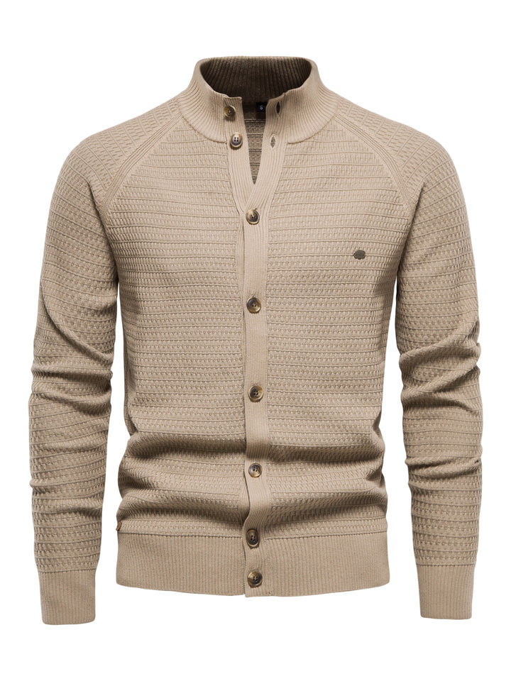 Men's Classic Design Knitted Cardigan Cotton Blend Button Mock Neck Sweater