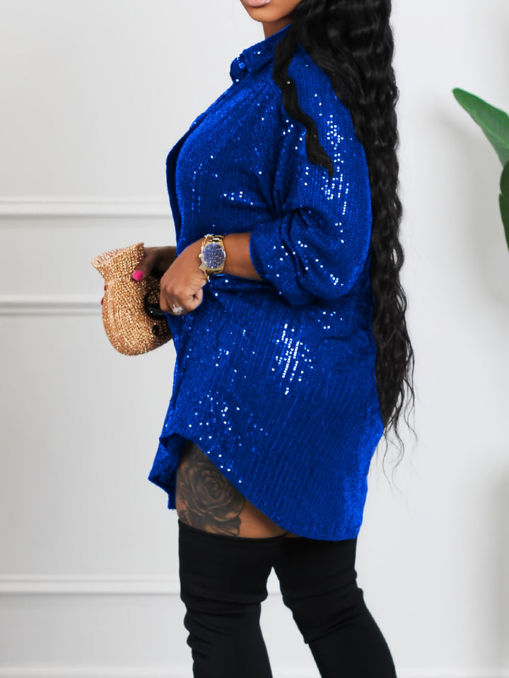 Elegant Plus Size Sequin Party Dress with Long Sleeves and Turn Down Collar