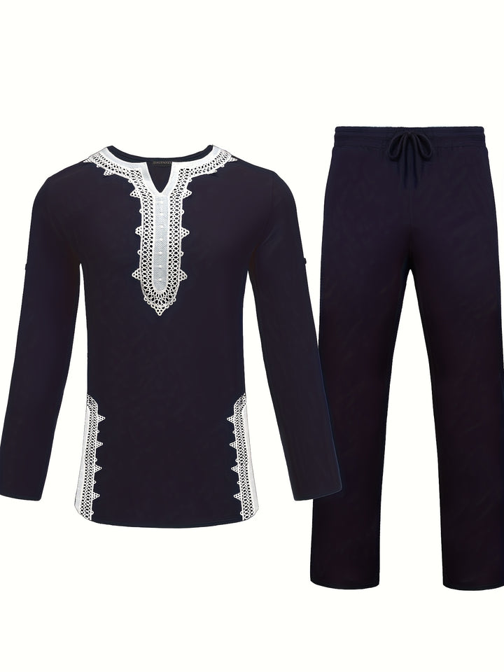 Men’s Two-piece Suits, Long Sleeve Tops & Pants Set, Formal Party African Men Dashiki Suit Shirt Pants Set Traditional Clothes Formal Dress