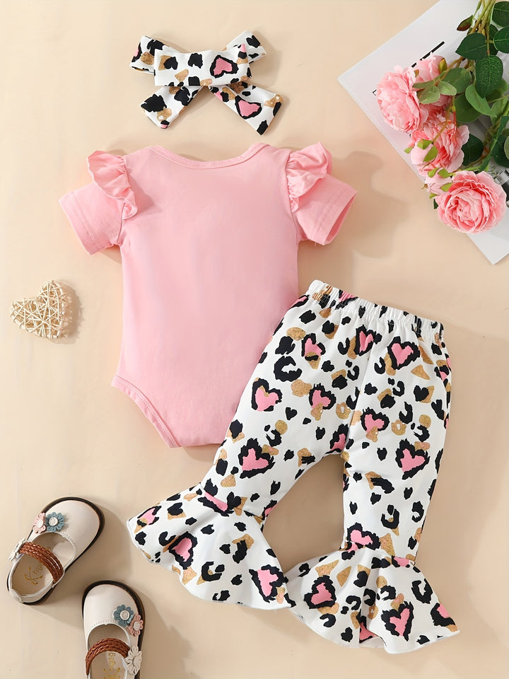 3pcs Baby Girls Cute "Babe" Short Sleeve Onesie & Leopard Graphic Print Flared Pants & Headband Set Clothes