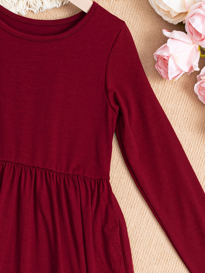 Solid Long Sleeve Pockets Maxi Dress For Girls Comfy Fit Kids Elegant Casual Dresses For Spring/ Fall