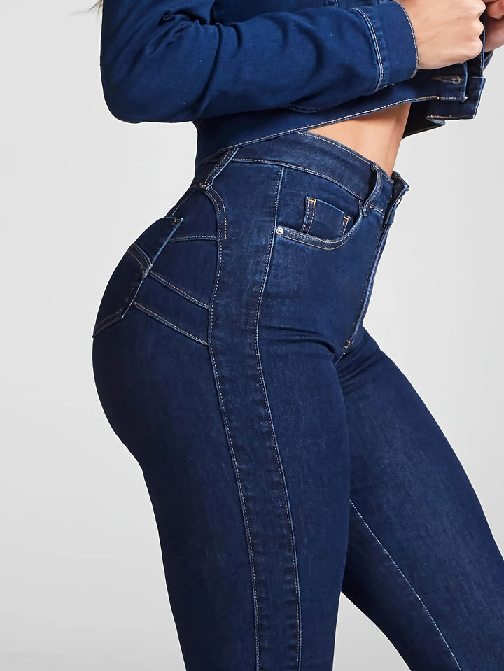 Women's High Waist Stretchy Skinny Leg Jeans, Solid Butt Lifting Denim Pants, Classic Side Patchwork Jeans