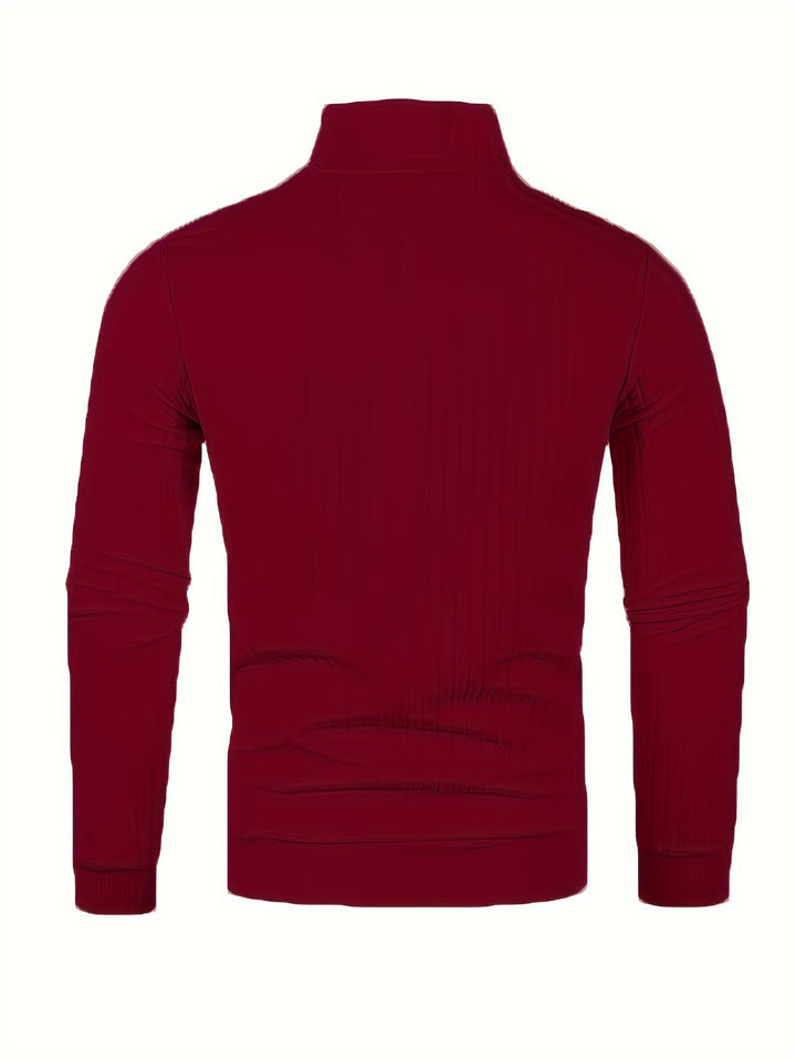 Ribbed Knitted Half Zipper Sweater, Men's Casual Warm Slightly Stretch Stand Collar Pullover Sweater For Men Fall Winter