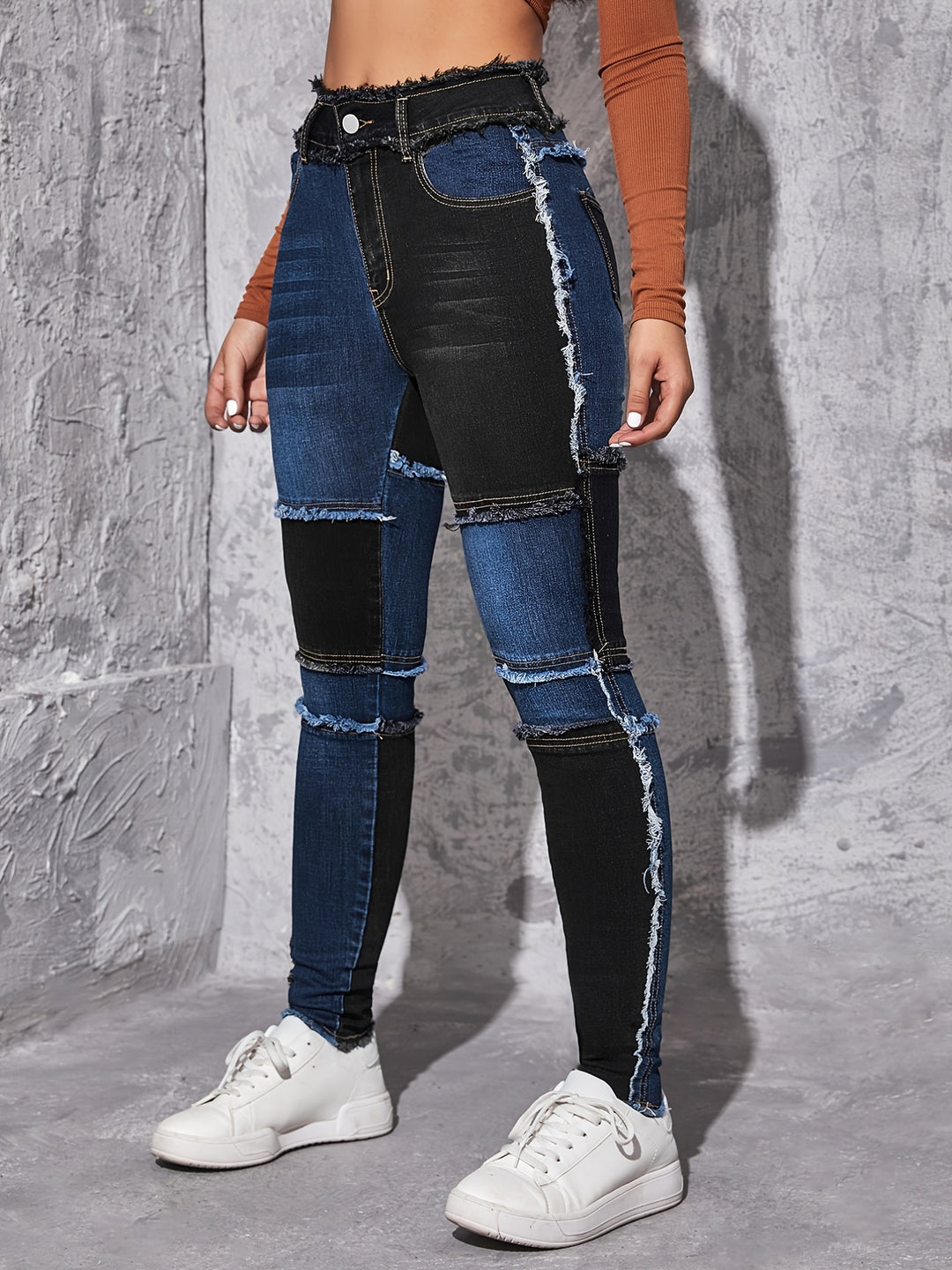 Patched Colorblock Skinny Jeans, High Waist Slim Fit Slash Pockets High Rise Raw Hem Denim Pants, Women's Denim Jeans & Clothing