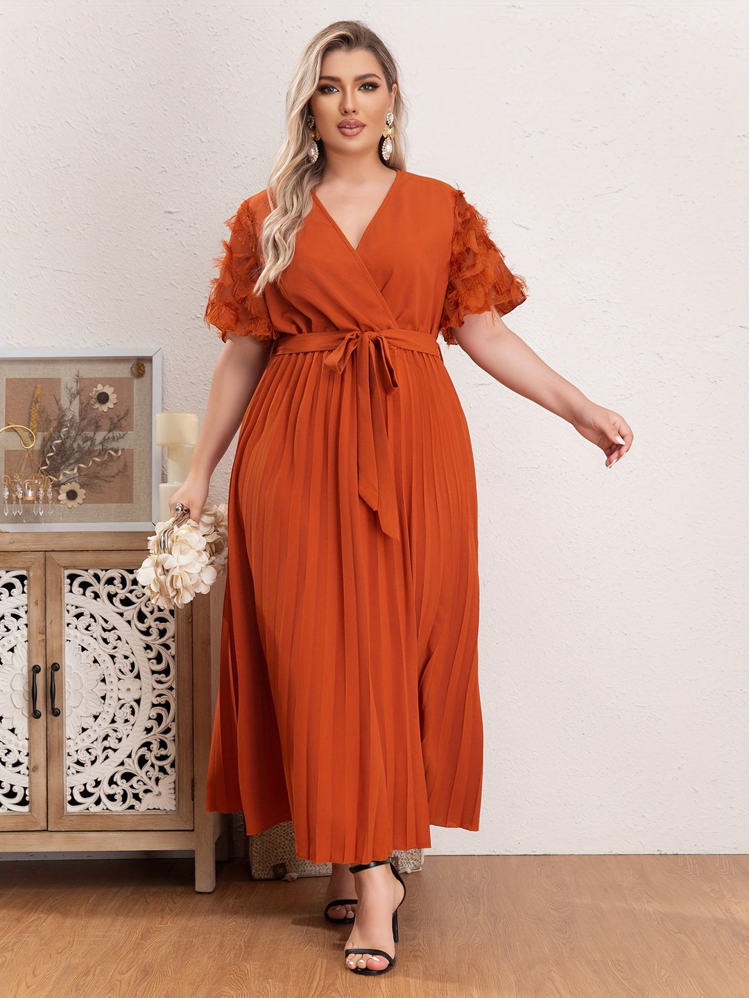 Plus Size Boho Dress, Women's Plus Solid Tassel Decor Butterfly Sleeve Surplice Neck Pleated Maxi Dress With Belt