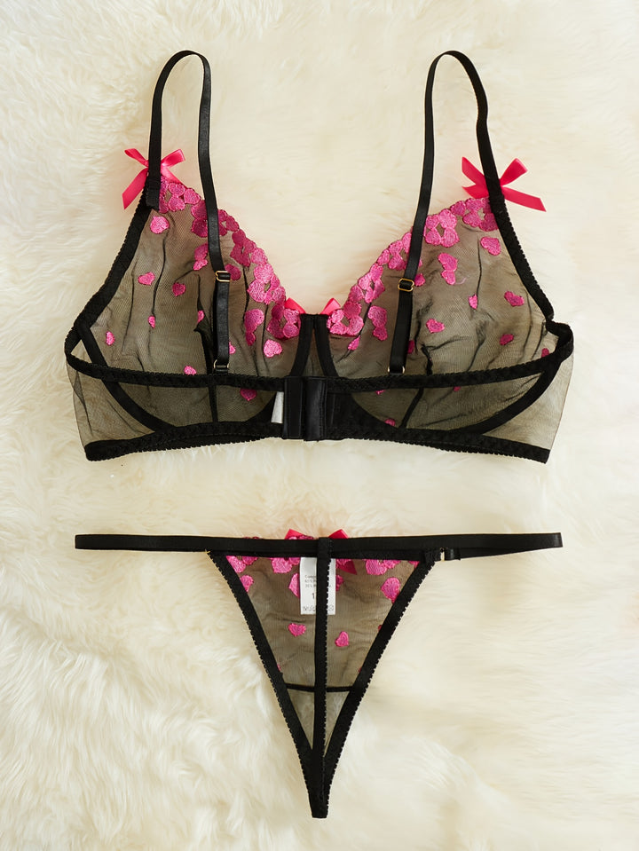Women's Valentine's Day Sexy Lingerie Set, Plus Size Heart Embroidered Bow Decor Sheer Mesh Bra & Thong Lingerie 2 Piece Set