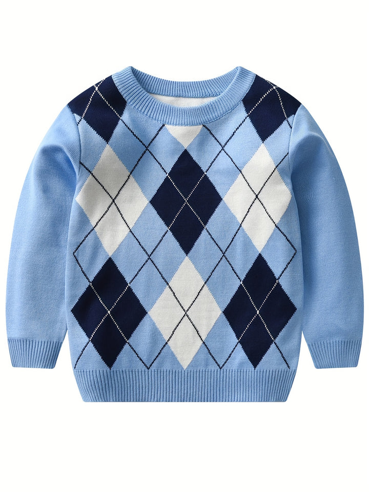 Boys Argyle Pattern Sweater Round Neck Long Sleeve Stretch Warm Knit Pullover Top Kids Clothes Outdoor