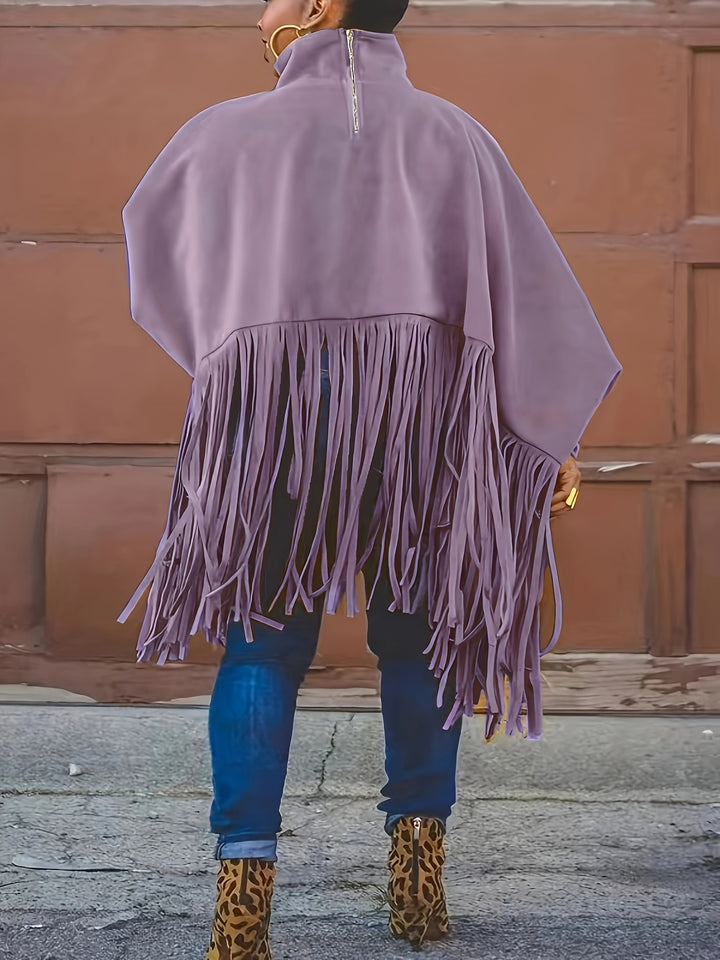 Plus Size Trendy Top, Women's Plus Solid Batwing Sleeve Mock Neck Fringe Trim Cloak Top
