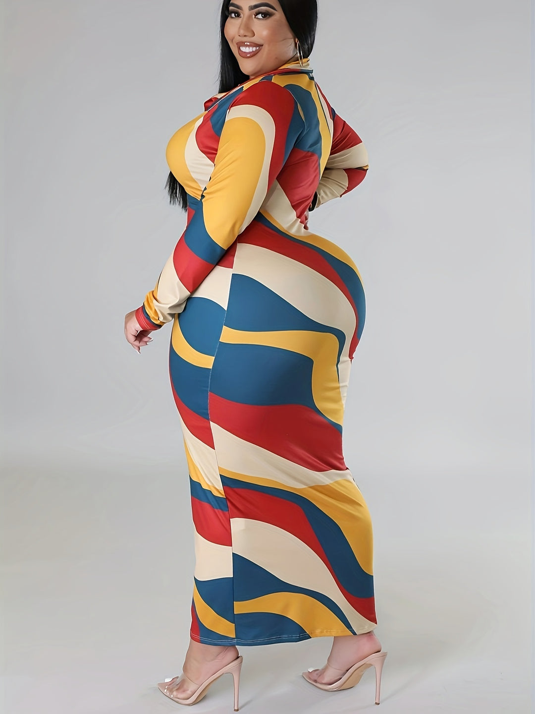 Plus Size Elegant Dress, Women's Plus Geometric Print Long Sleeve V Neck Medium Stretch Bodycon Midi Dress