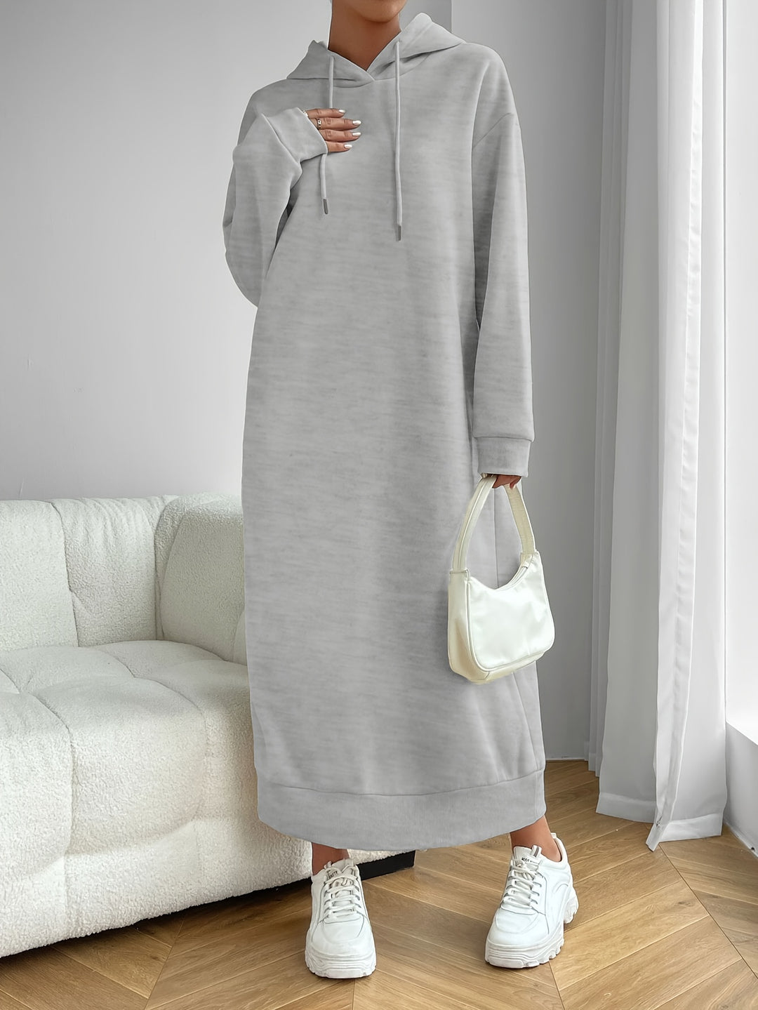 Solid Drawstring Hooded Dress, Casual Long Sleeve Loose Dress, Women's Clothing