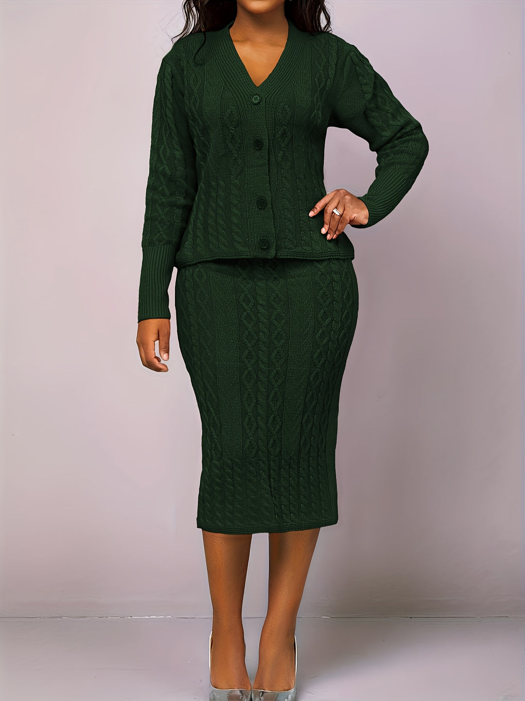 Solid Elegant Two-piece Set, Button Front V Neck Long Sleeve Tops & Bag Hip Midi Skirts Outfits, Women's Clothing