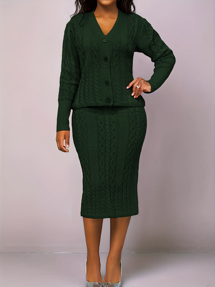 Solid Elegant Two-piece Set, Button Front V Neck Long Sleeve Tops & Bag Hip Midi Skirts Outfits, Women's Clothing