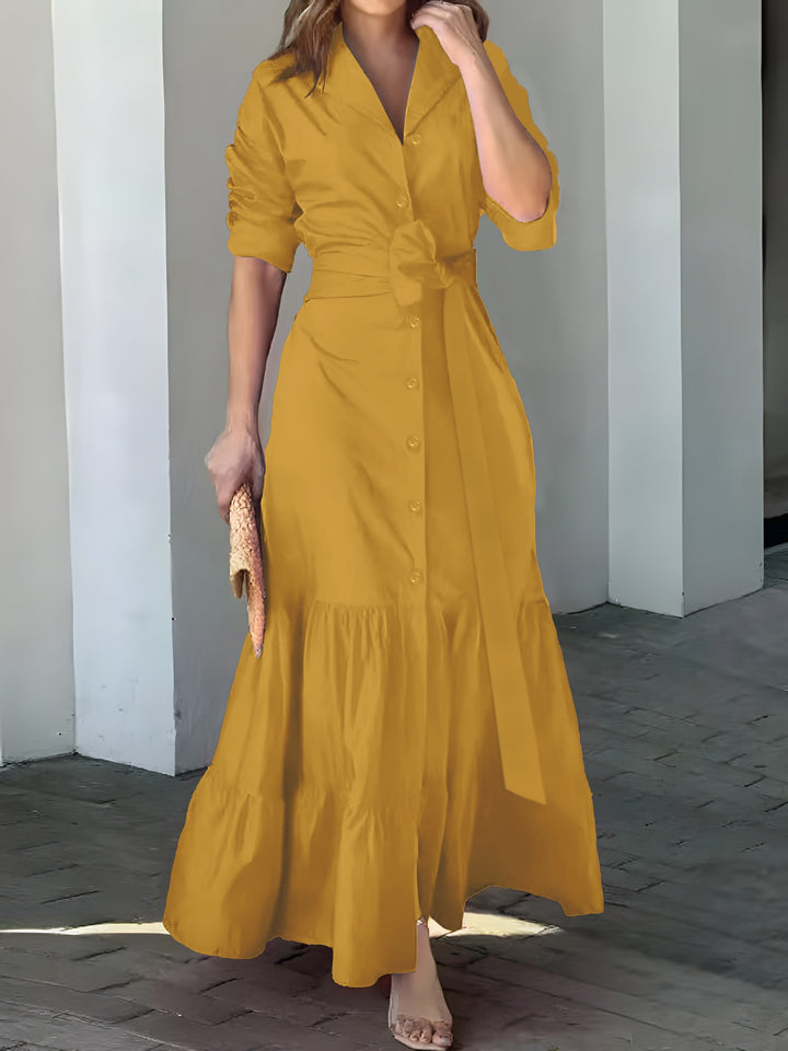 Solid Button Front Belted Dress, Elegant Ruched Sleeve Ruffle Trim Maxi Dress, Women's Clothing