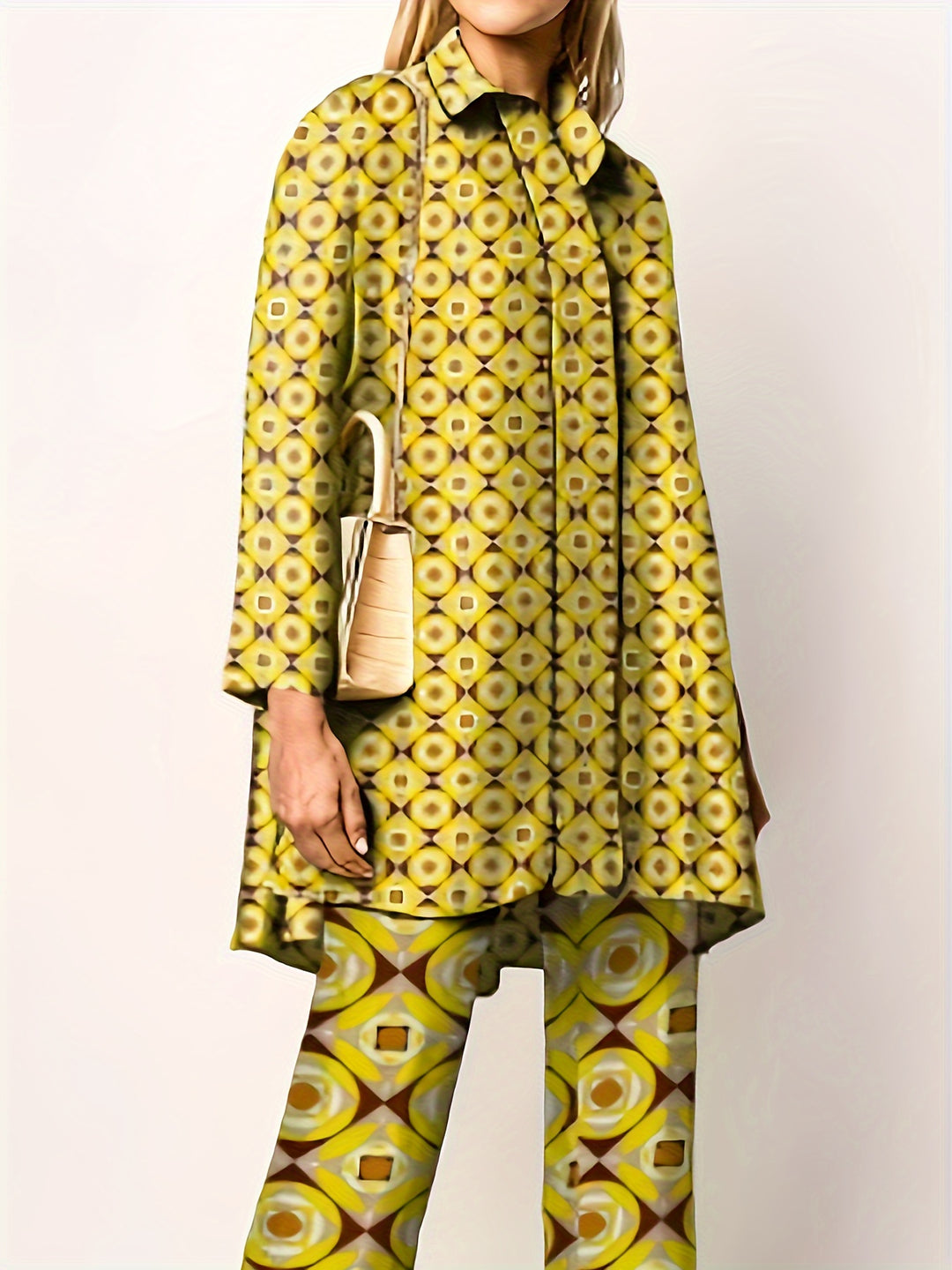 Plus Size Elegant Outfits Set, Women's Plus Allover Print Long Sleeve Lapel Collar Button Up Tunic Shirt Top & Pants Outfits Two Piece Set