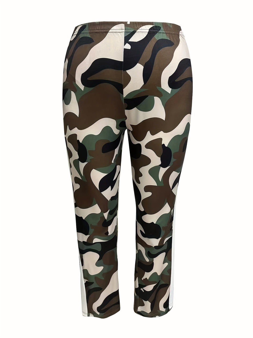 Plus Size Casual Outfits Set, Women's Plus Colorblock Camo Zip Up Long Sleeve Mock Neck Coat & Elastic Pants Outfits Two Piece Set