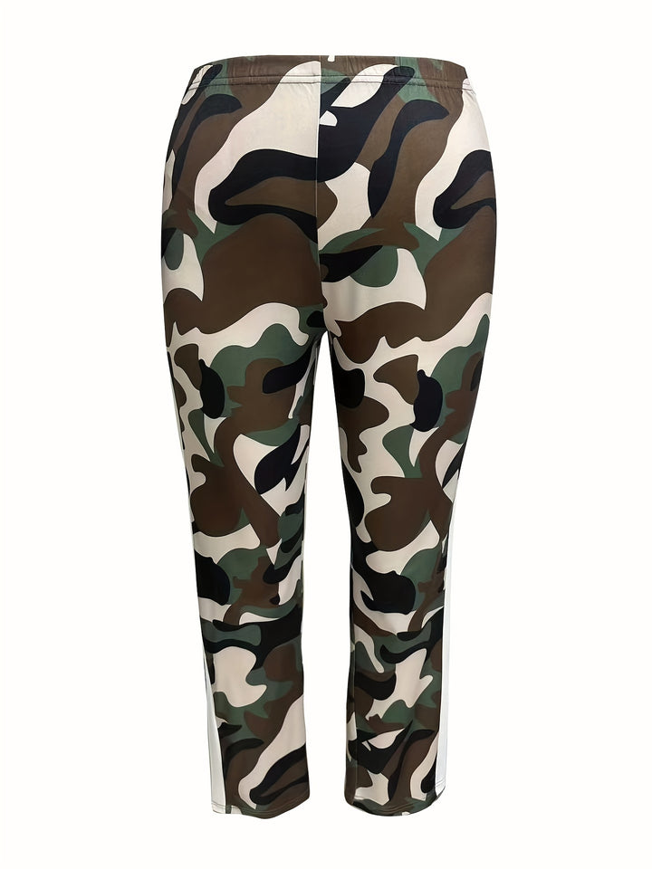 Plus Size Casual Outfits Set, Women's Plus Colorblock Camo Zip Up Long Sleeve Mock Neck Coat & Elastic Pants Outfits Two Piece Set