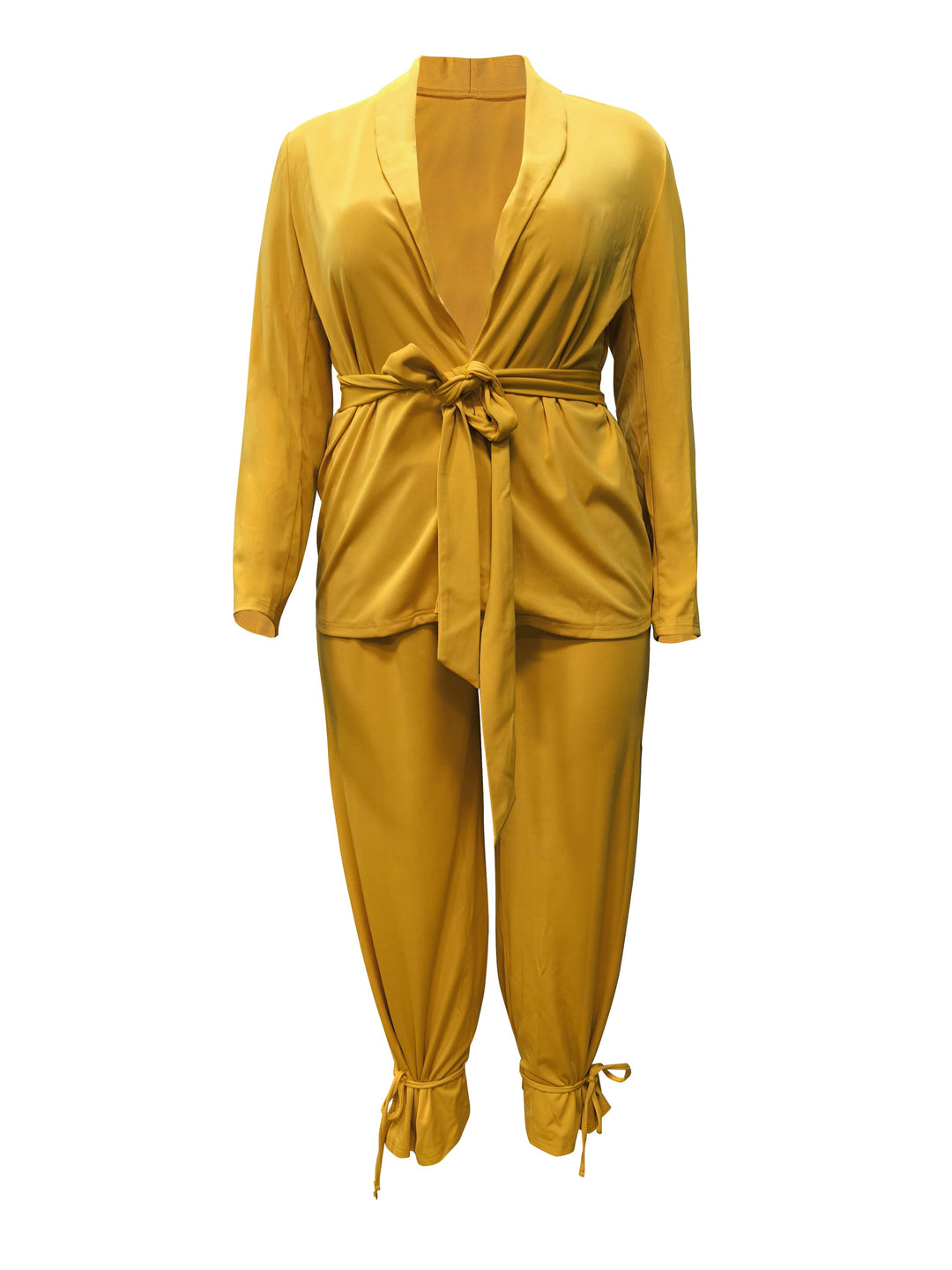 Plus Size Casual Outfits Set, Women's Plus Solid Long Sleeve Cardigan With Belt & Tapered Leg Pants Outfits 2 Piece Set