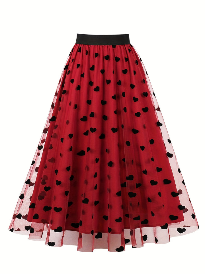 Plus Size Elegant Skirt, Women's Plus Layered Heart Mesh Elastic Waist High Rise Slight Stretch A-line Skirt