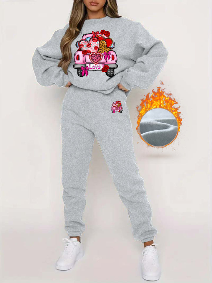 Valentine's Day Print Fleece Two-piece Set, Casual Long Sleeve Sweatshirt & Jogger Pants Outfits, Women's Clothing