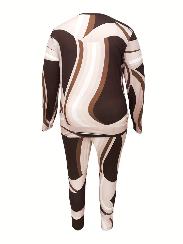 Plus Size Casual Outfits Set, Women's Plus Graphic Print Long Sleeve Round Neck Tee & Leggings Outfits 2 Piece Set