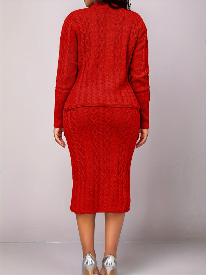 Solid Elegant Two-piece Set, Button Front V Neck Long Sleeve Tops & Bag Hip Midi Skirts Outfits, Women's Clothing