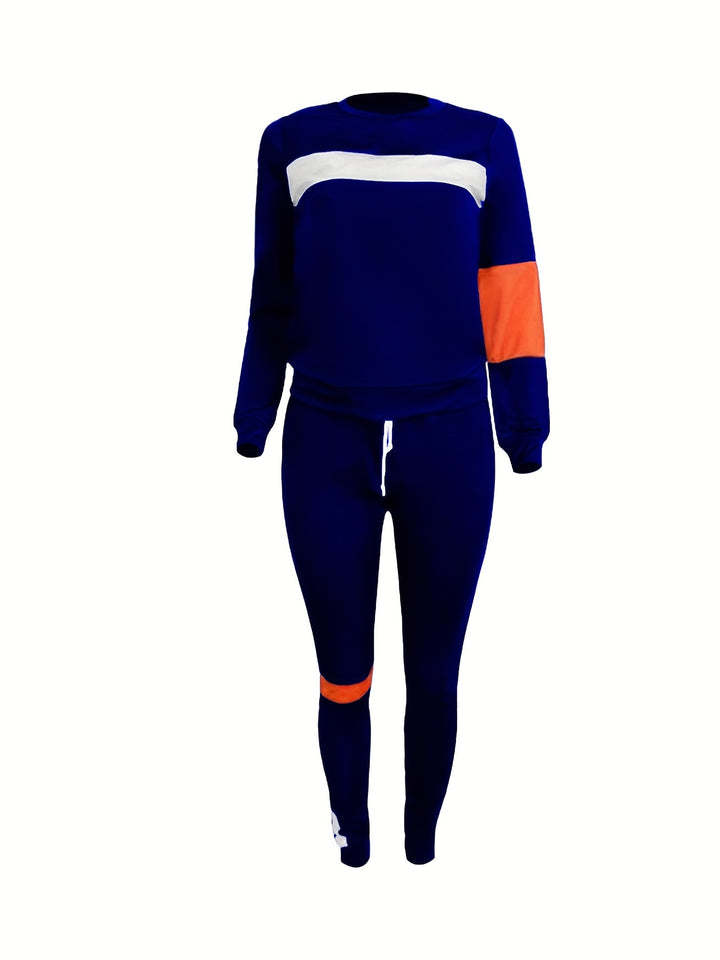 Plus Size Strip Pattern Shirt & Pants Set, Women's Casual Round Neck Slight Stretch 2pcs Set