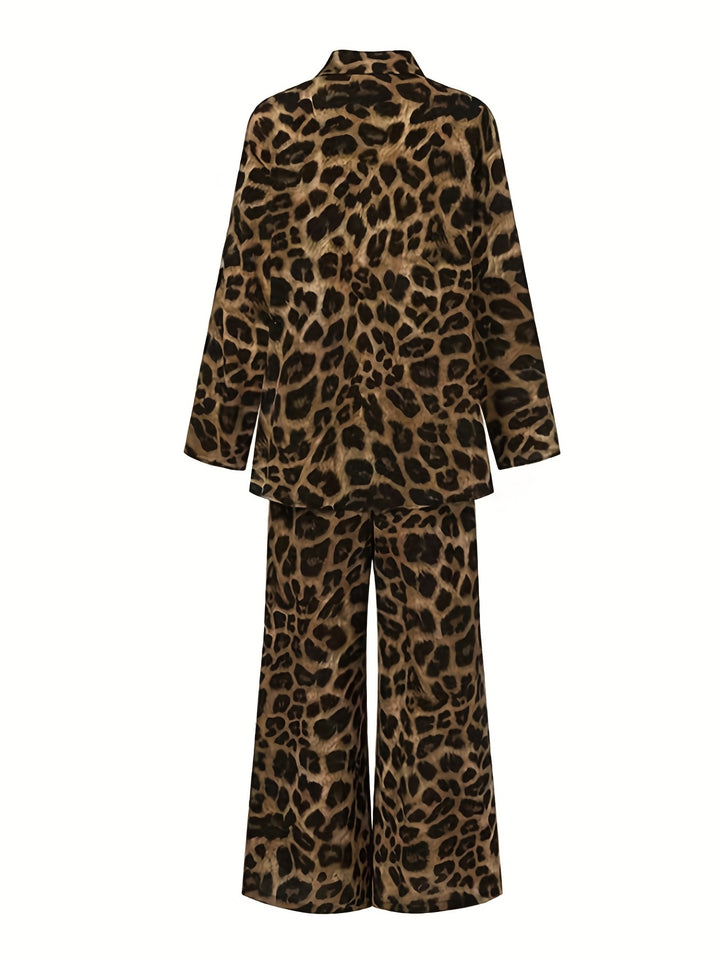 Leopard Print Casual Two-piece Set, Button Front Long Sleeve Shirt & Wide Leg Pants Outfits, Women's Clothing