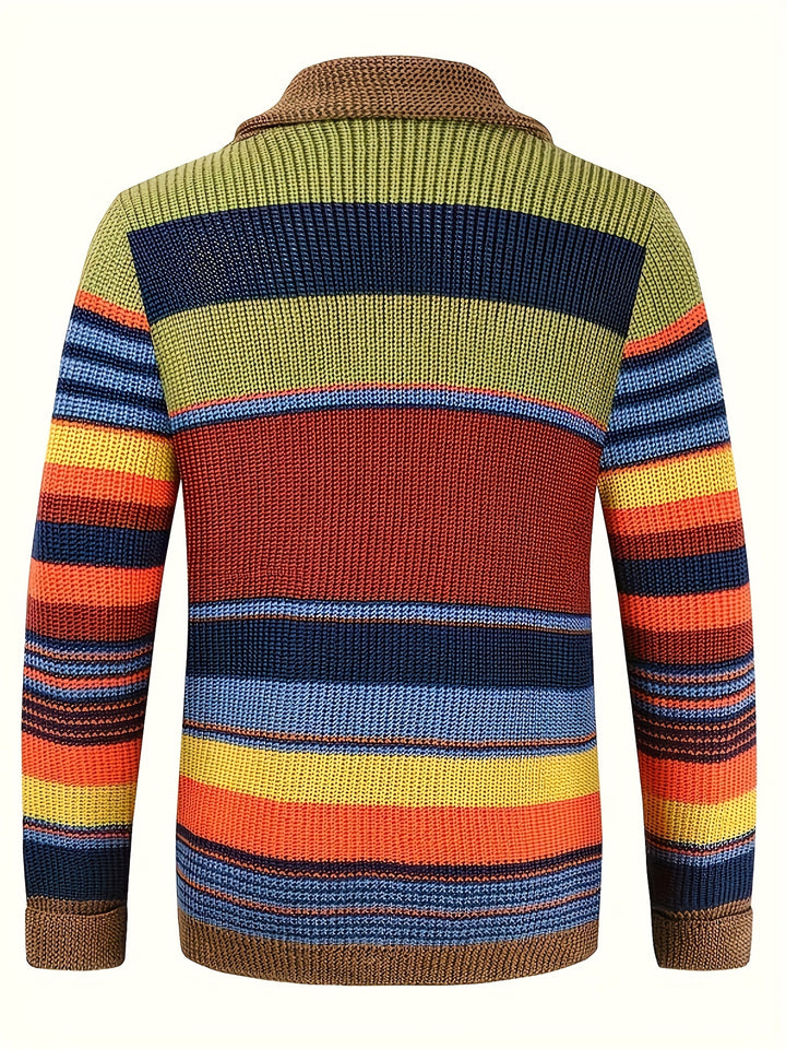 Elegant High Stretch Ethnic Retro Cardigan, Men's Casual Vintage Style V Neck Button Up Cardigan Sweater Coat For Fall Winter