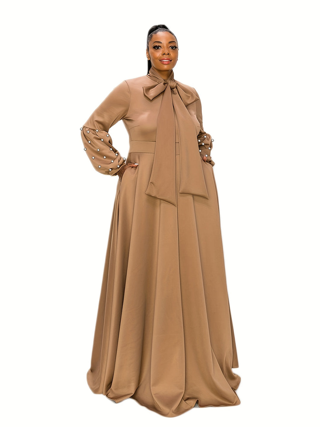 Plus Size Elegant Dress, Women's Plus Plain Faux Pearl Decor Knot Front Loose Fit Maxi Party Dress