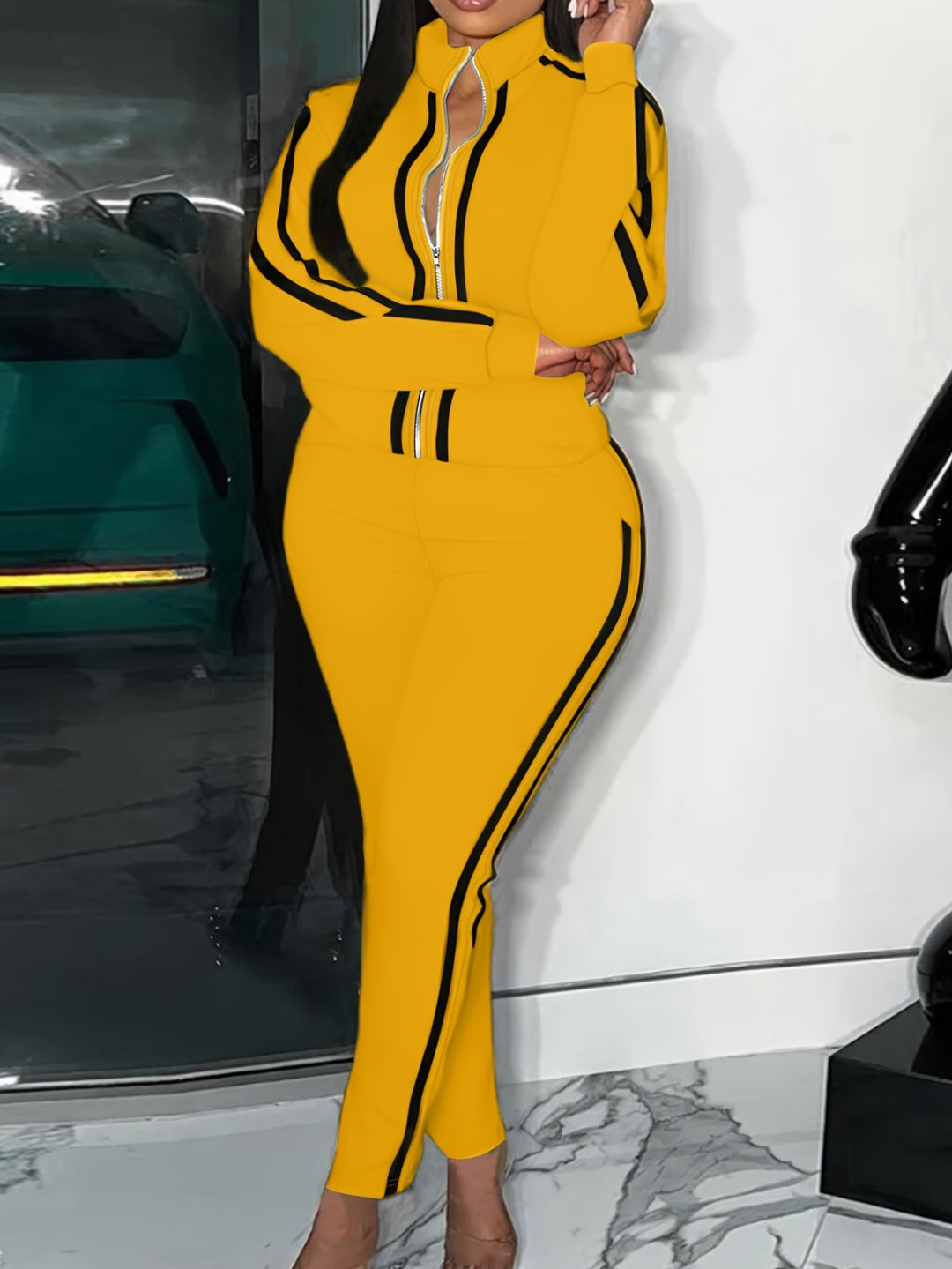 Plus Size Casual Outfits Two Piece Set, Women's Plus Stripe Print Zip Up Long Sleeve High Neck Jacket & Pants Outfits 2 Piece Set