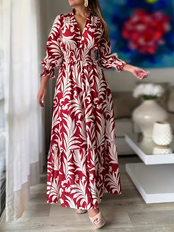 Plus Size Plant Print Dress, Elegant V Neck Shirred Waist Long Sleeve Dress, Women's Plus Size Clothing