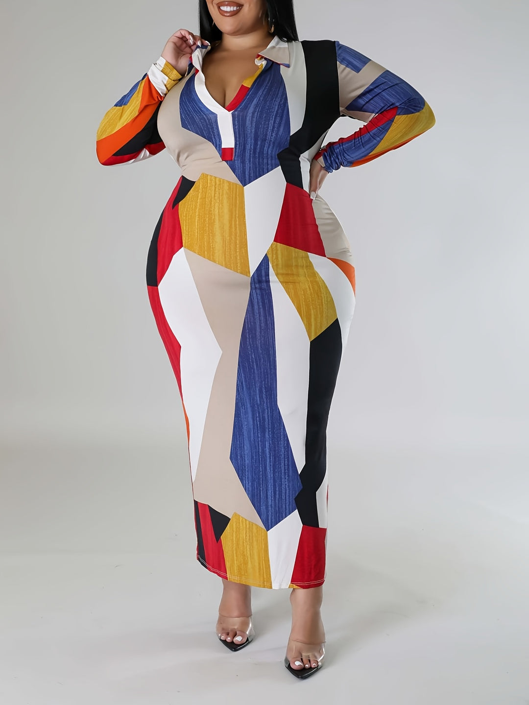 Plus Size Elegant Dress, Women's Plus Geometric Print Long Sleeve V Neck Medium Stretch Bodycon Midi Dress
