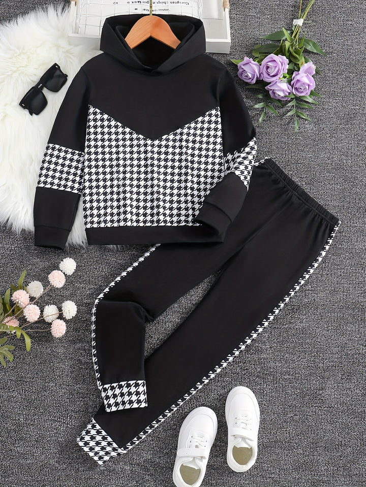 Splicing Houndstooth Pattern Sets 2pcs Girls Hoodies + Jogger Pants Set Spring Fall Gift Sports