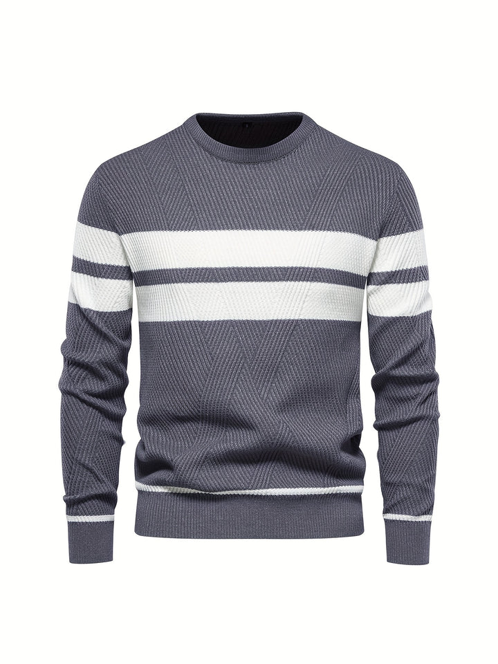 All-Match Striped Knitted Sweater, Men's Casual Warm High Stretch Crew Neck Pullover Sweater For Fall Winter