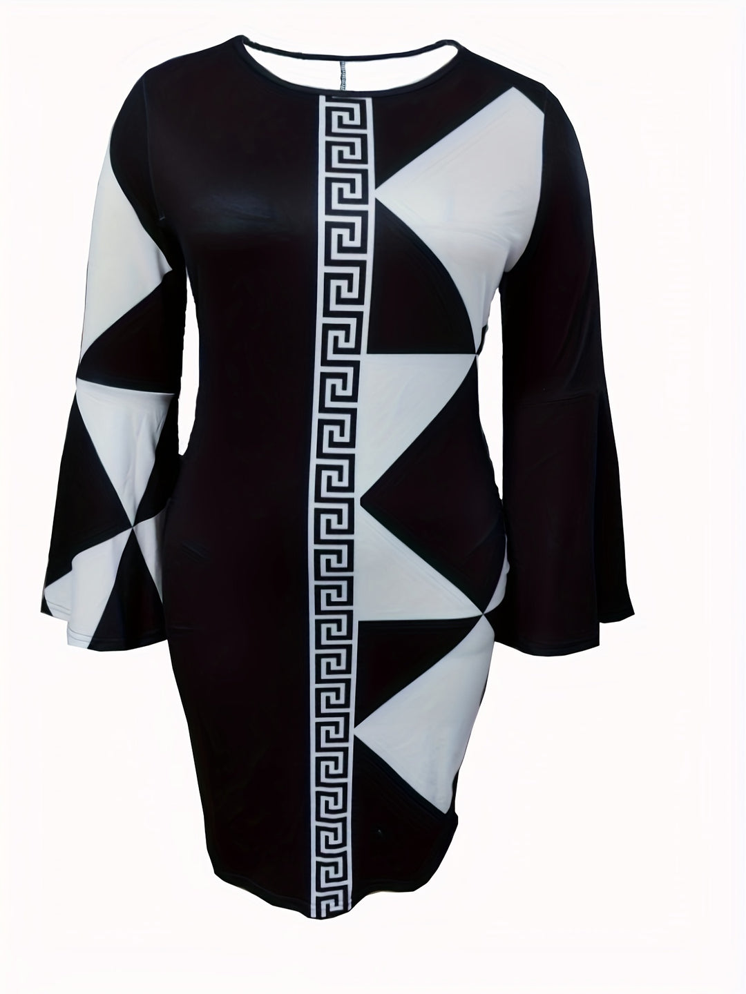 Plus Size Casual Dress, Women's Plus Colorblock Geometric Print Bell Sleeve Round Neck Dress