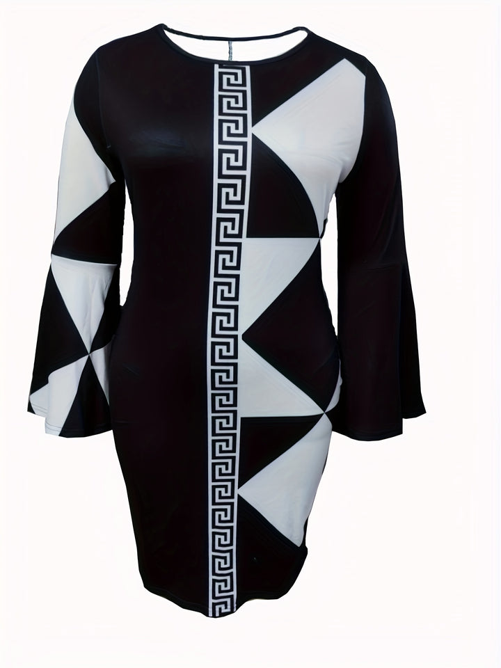Plus Size Casual Dress, Women's Plus Colorblock Geometric Print Bell Sleeve Round Neck Dress