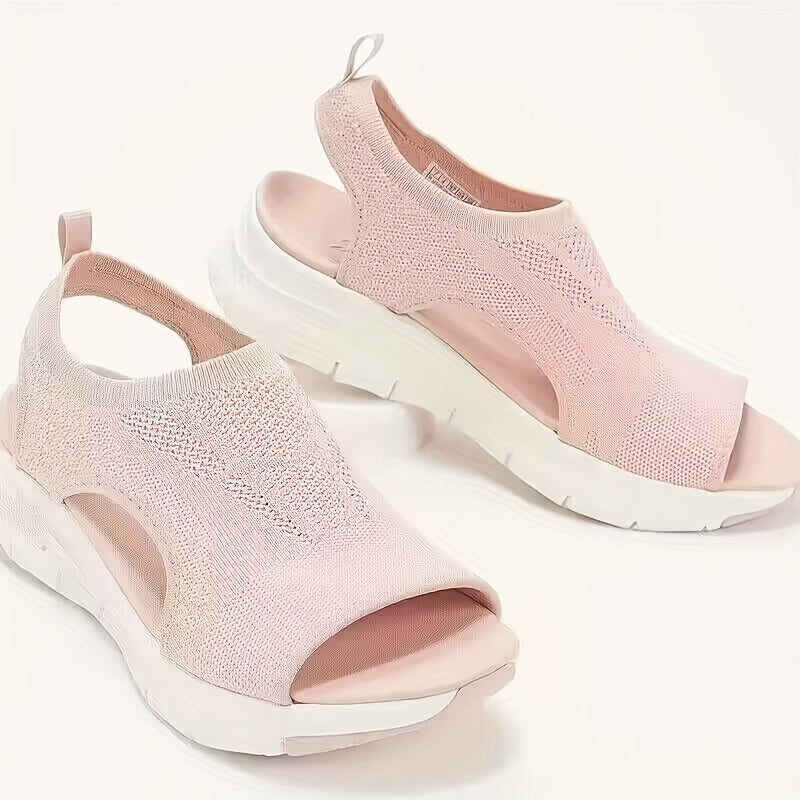 Women's Knitted Cut-out Sandals, Solid Color Open Toe Slip On Shoes, Lightweight Wedge Shoes