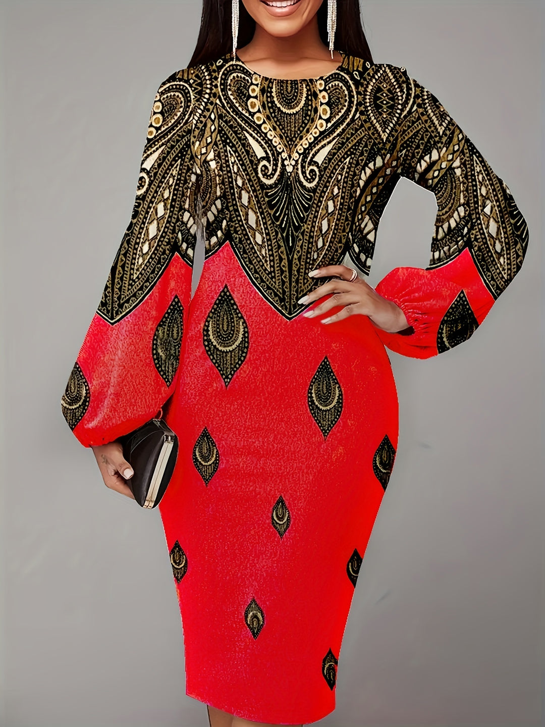Paisley Print Lantern Long Sleeve Dress, Crew Neck Casual Every Day Dress For Spring & Fall, Women's Clothing