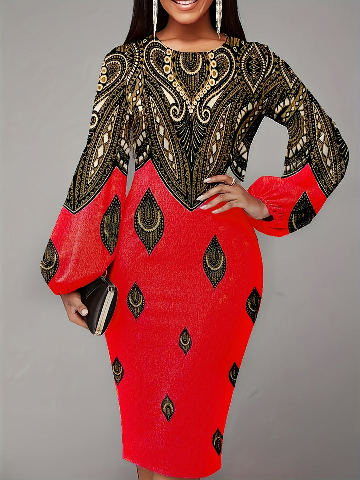 Paisley Print Lantern Long Sleeve Dress, Crew Neck Casual Every Day Dress For Spring & Fall, Women's Clothing