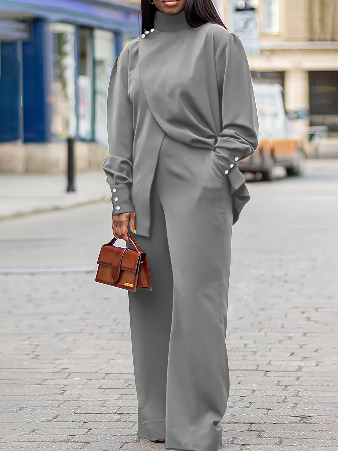 Plus Size Casual Outfits Set, Women's Plus Solid Button Detail Long Sleeve Turtleneck Wrap Hem Top & Pants Outfits 2 Piece Set