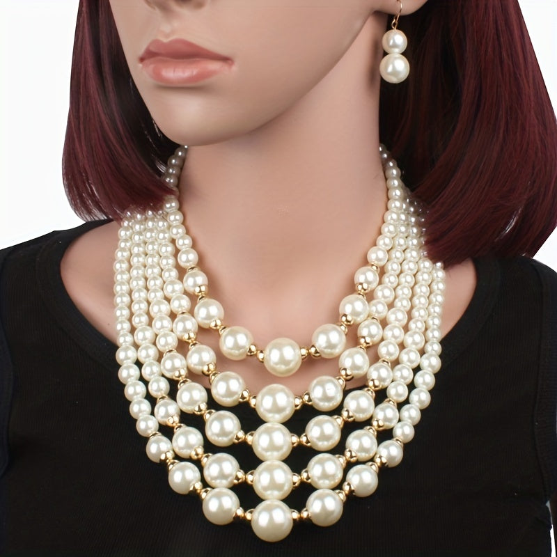 Faux Pearls Pendant Necklace & Dangle Earrings Set Elegant Jewelry Set For Women's And Girls Gifts