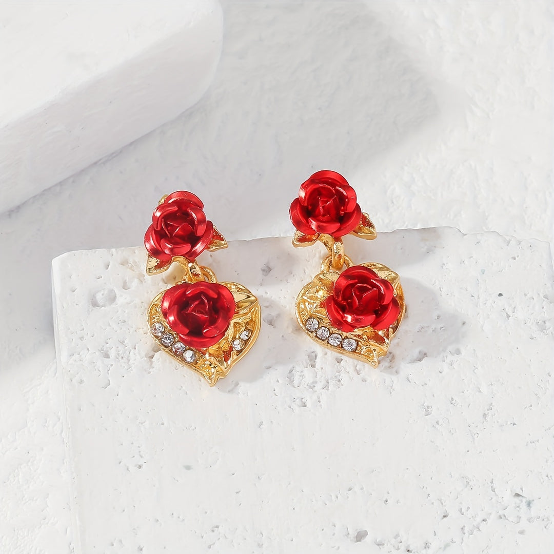 Romantic Valentine's Day Gift - Elegant Women's Heart Rose Flower Dangle Stud Earrings