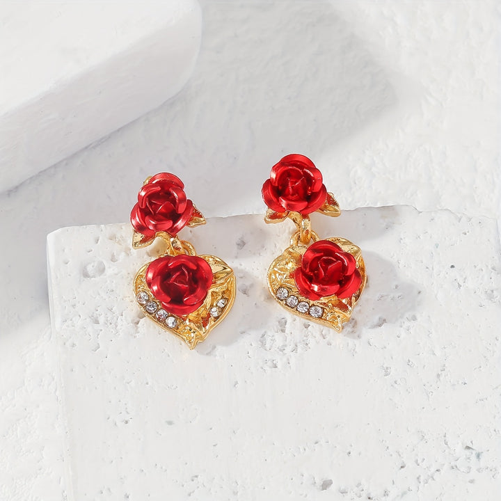 Romantic Valentine's Day Gift - Elegant Women's Heart Rose Flower Dangle Stud Earrings